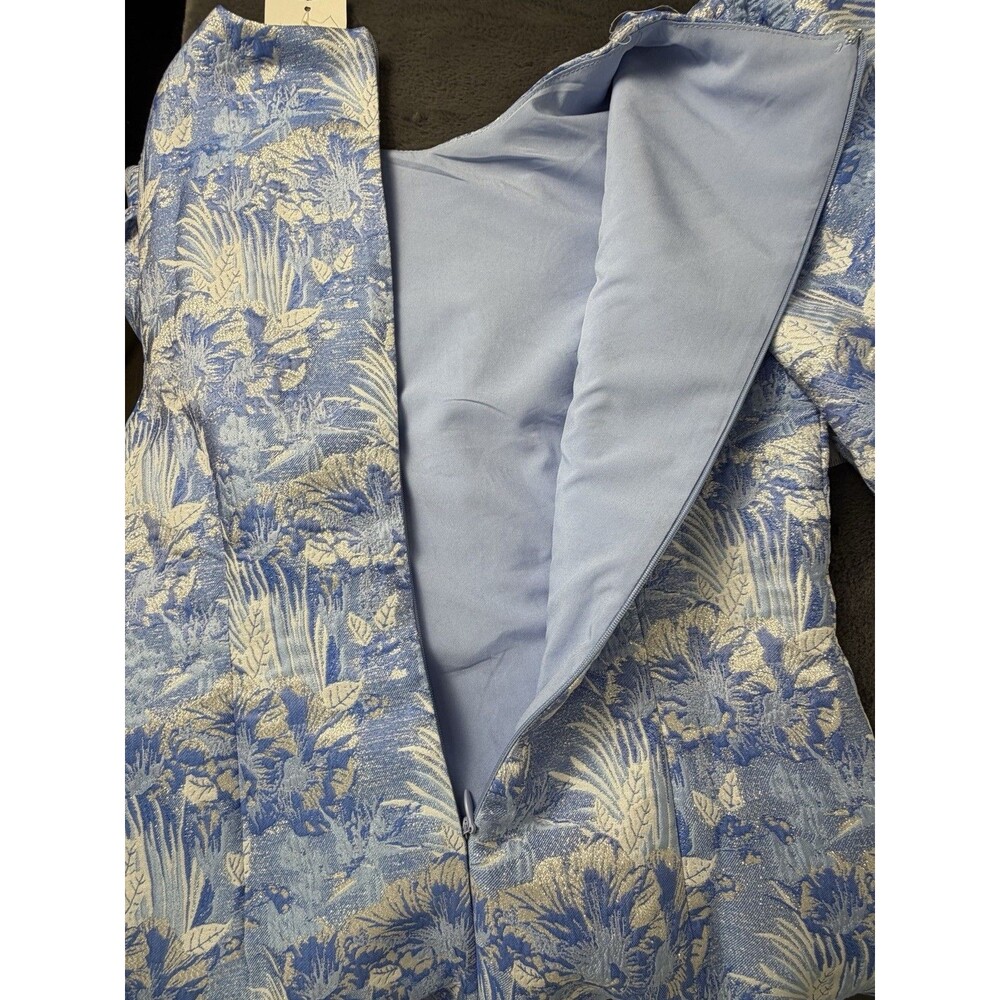 Lena Women’s M Blue Silver Floral Brocade Jacquard Puff Sleeve Mini Dress - Picture 4 of 12